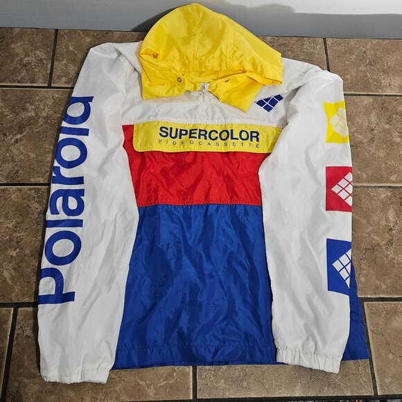 Polaroid Hooded White Jacket Pullover Supercolor Windbreaker Size M - Picture 1 of 8